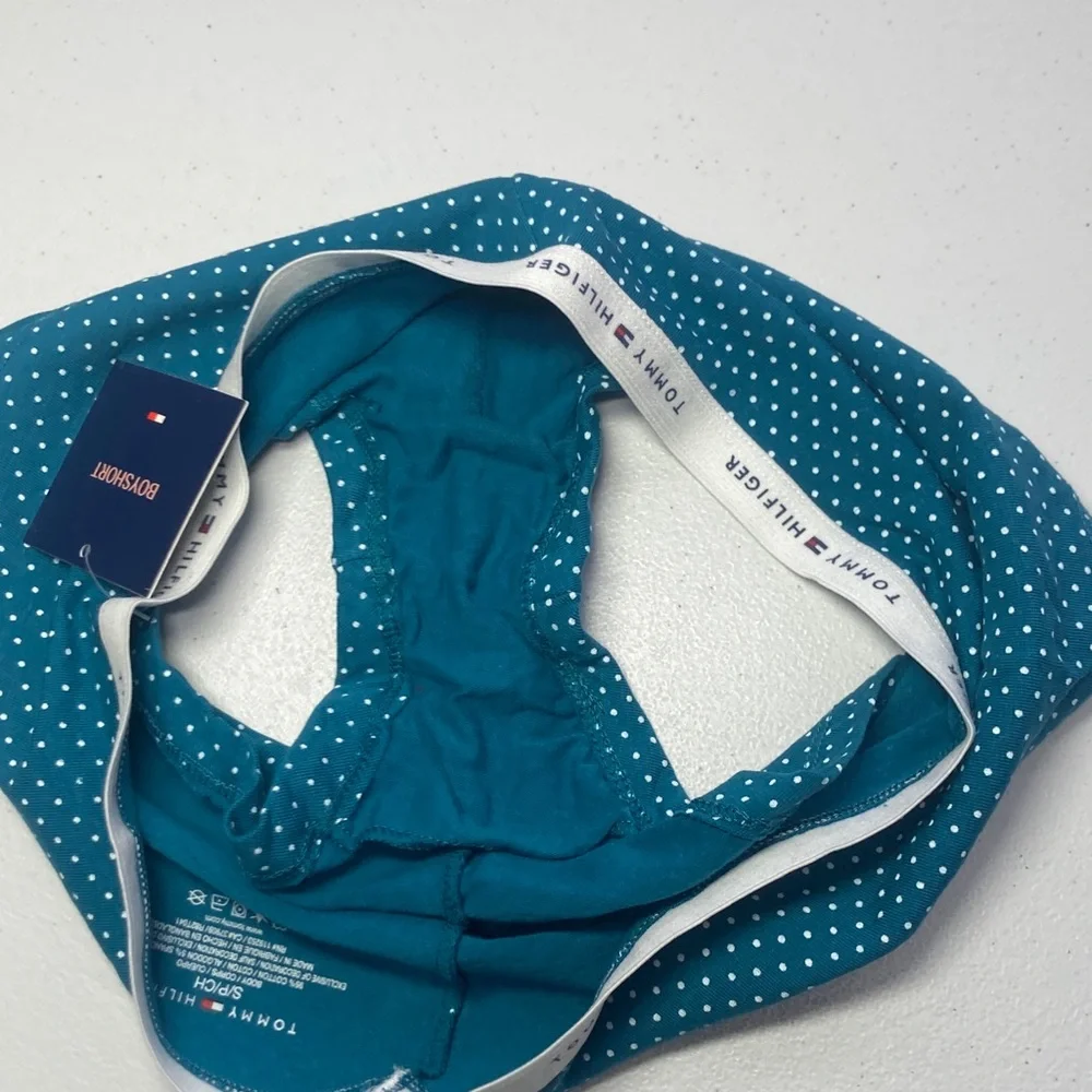 3/$18 Tommy Hilfiger teal polka dot boyshort panty with logo waistband size S - Picture 13 of 17
